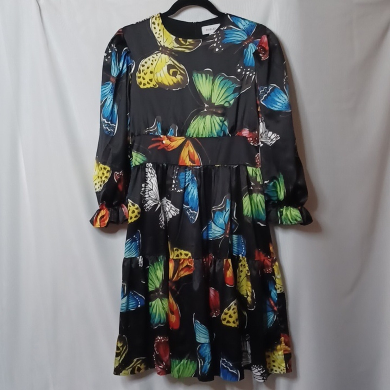 Paisley Girls Black Long Sleeve Tiered Dress With Butterfly Print. 16